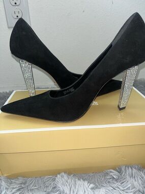 Michael Kors Black Suede Pointed Pumps with Crystal-Encrusted Block Heels